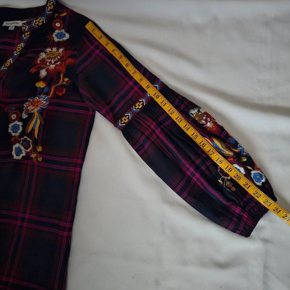 Time For Me Plaid Embroidered Floral Balloon Sleeve V-Neck Blouse Women's Small - Picture 14 of 15